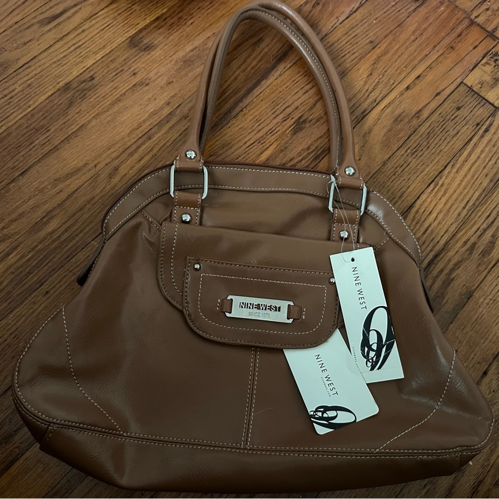 Nine West Brown Leather Shoulder Bag with Metallic Hardware